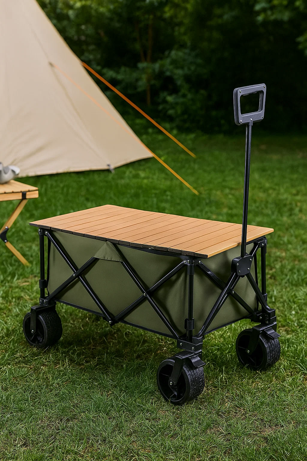 Chariot pliant de camping multifonction avec plateau en bois – Chariot à main portable et robuste