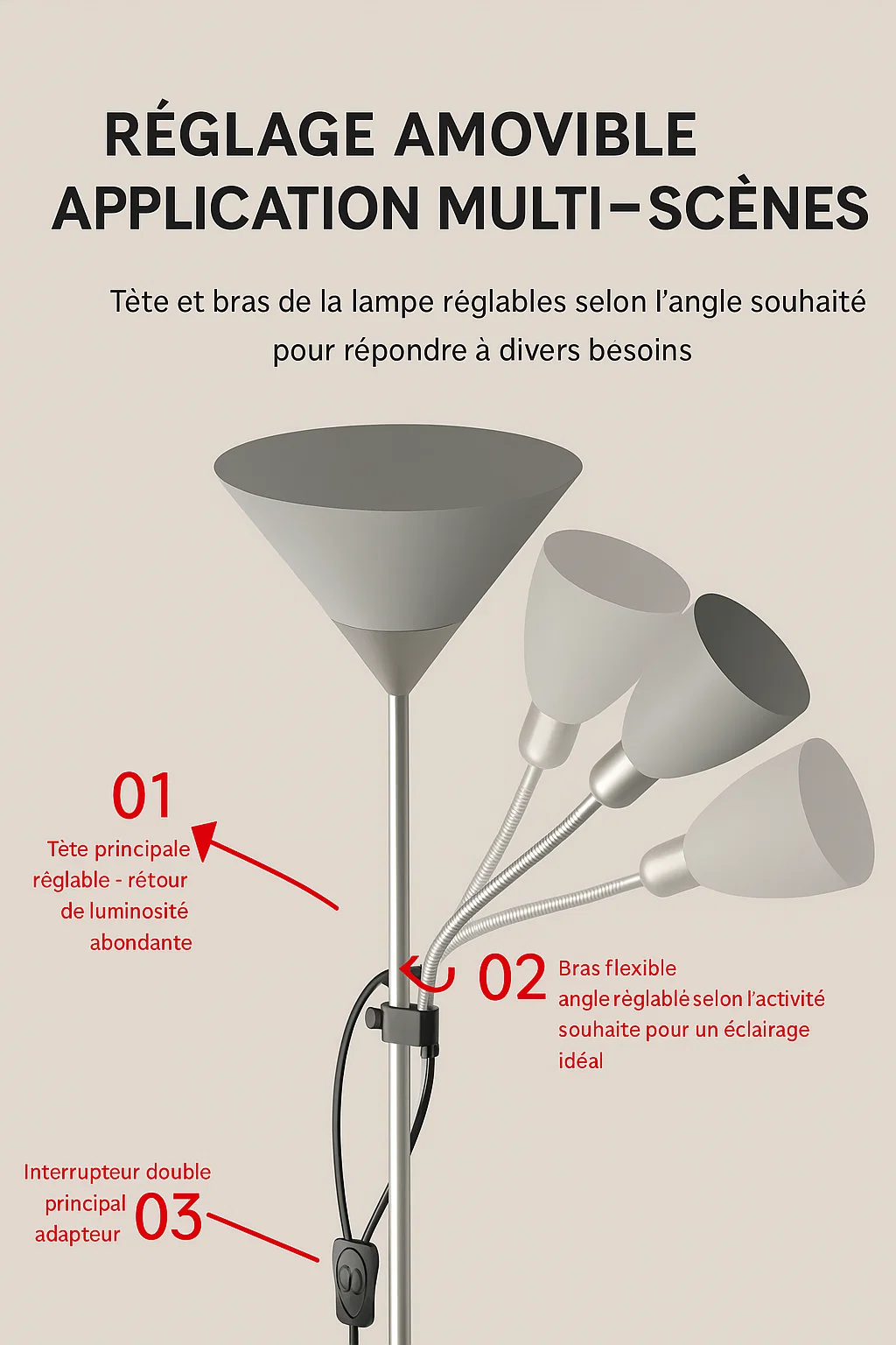 Lampadaire double tête avec bras flexible et abat-jour en PVC haute transparence