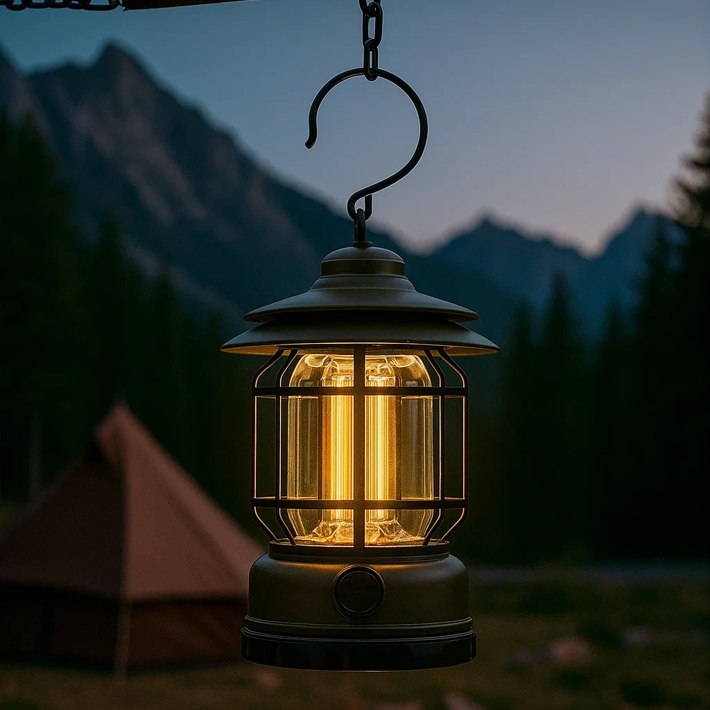 Lampe de camping rechargeable à intensité variable avec crochet – Éclairage LED portable pour l’extérieur