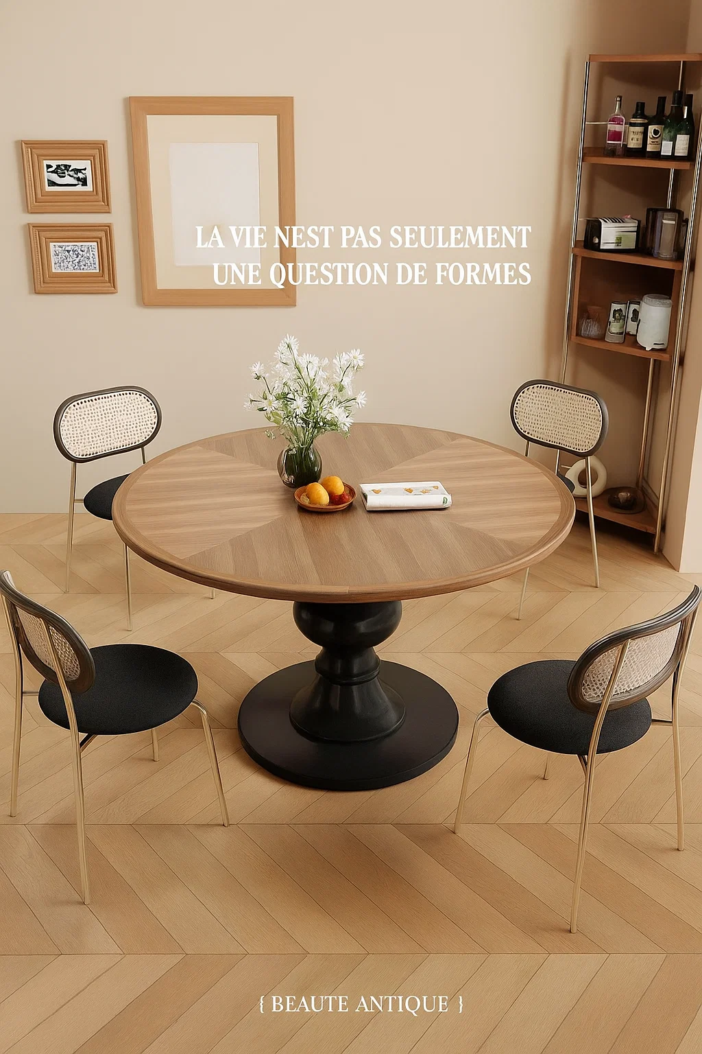 Table à manger ronde en noyer massif – Piétement sculptural design contemporain