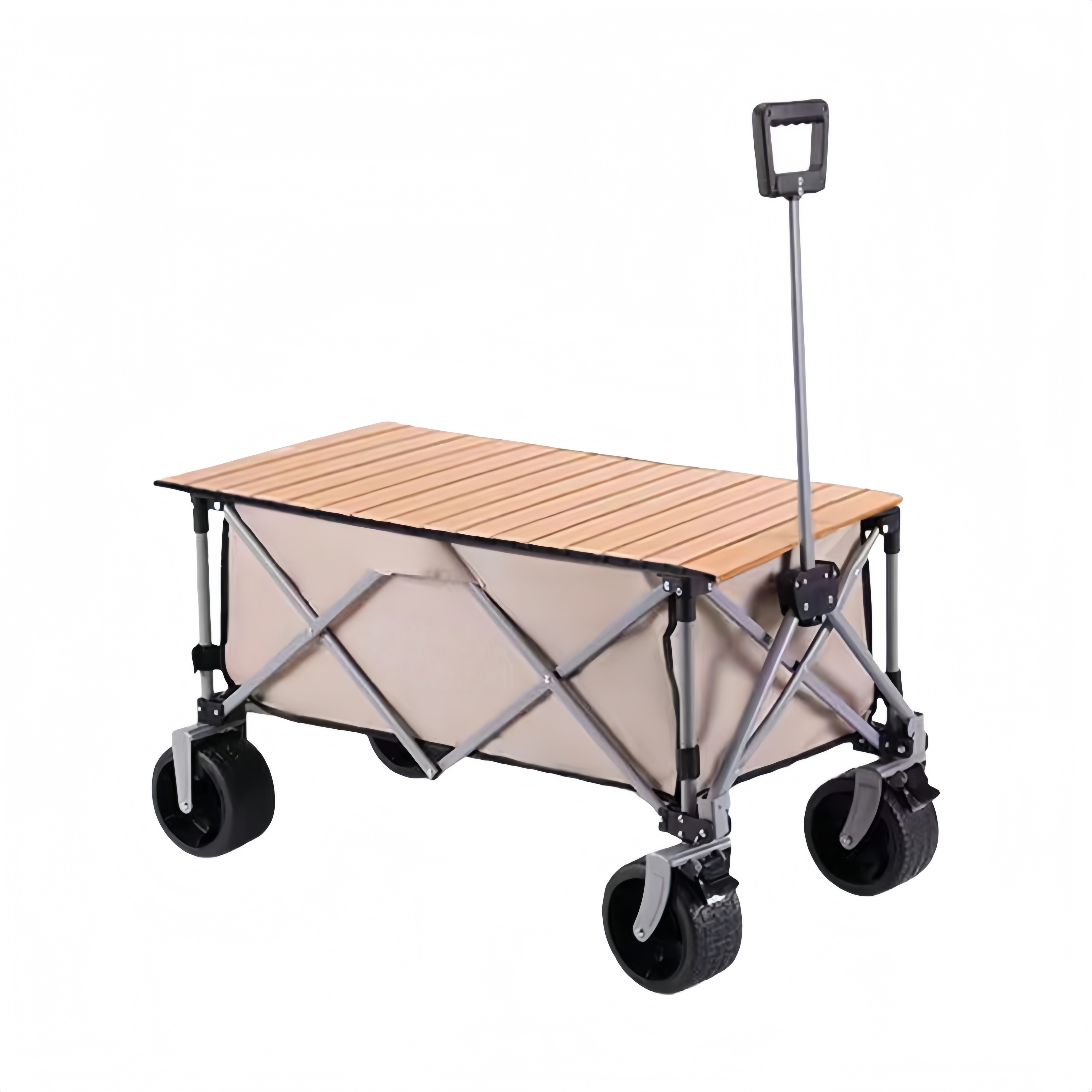 Chariot pliant de camping multifonction avec plateau en bois – Chariot à main portable et robuste