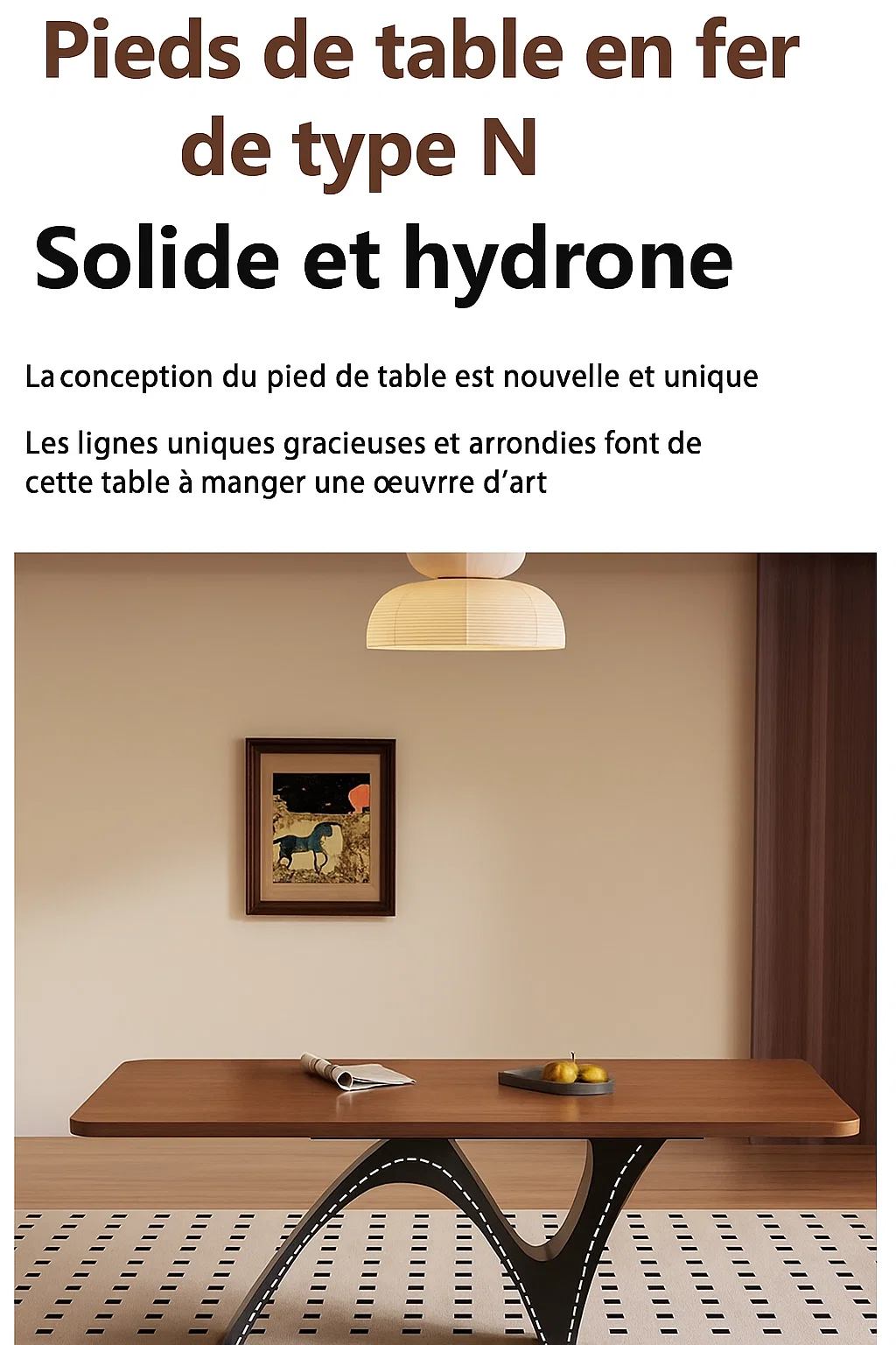 Table à manger design en frêne massif avec pieds en fer de type N