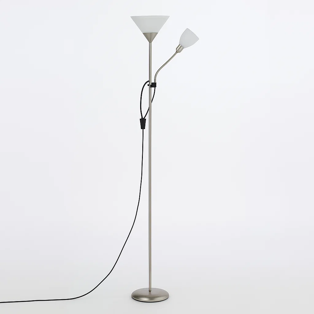 Lampadaire double tête avec bras flexible et abat-jour en PVC haute transparence