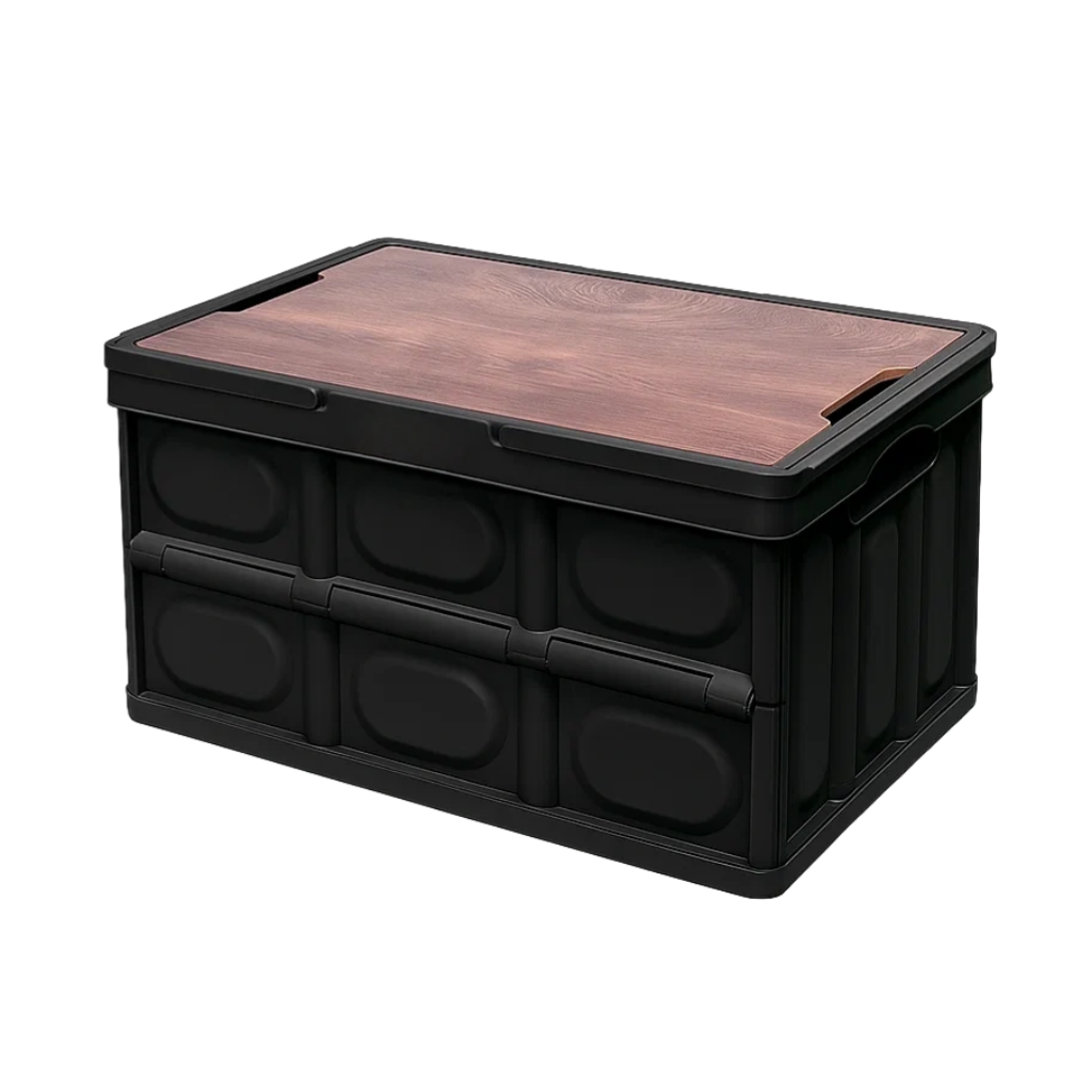 Boîte de rangement pliable avec couvercle en bois et poignées rétractables – Coffre de camping multifonction