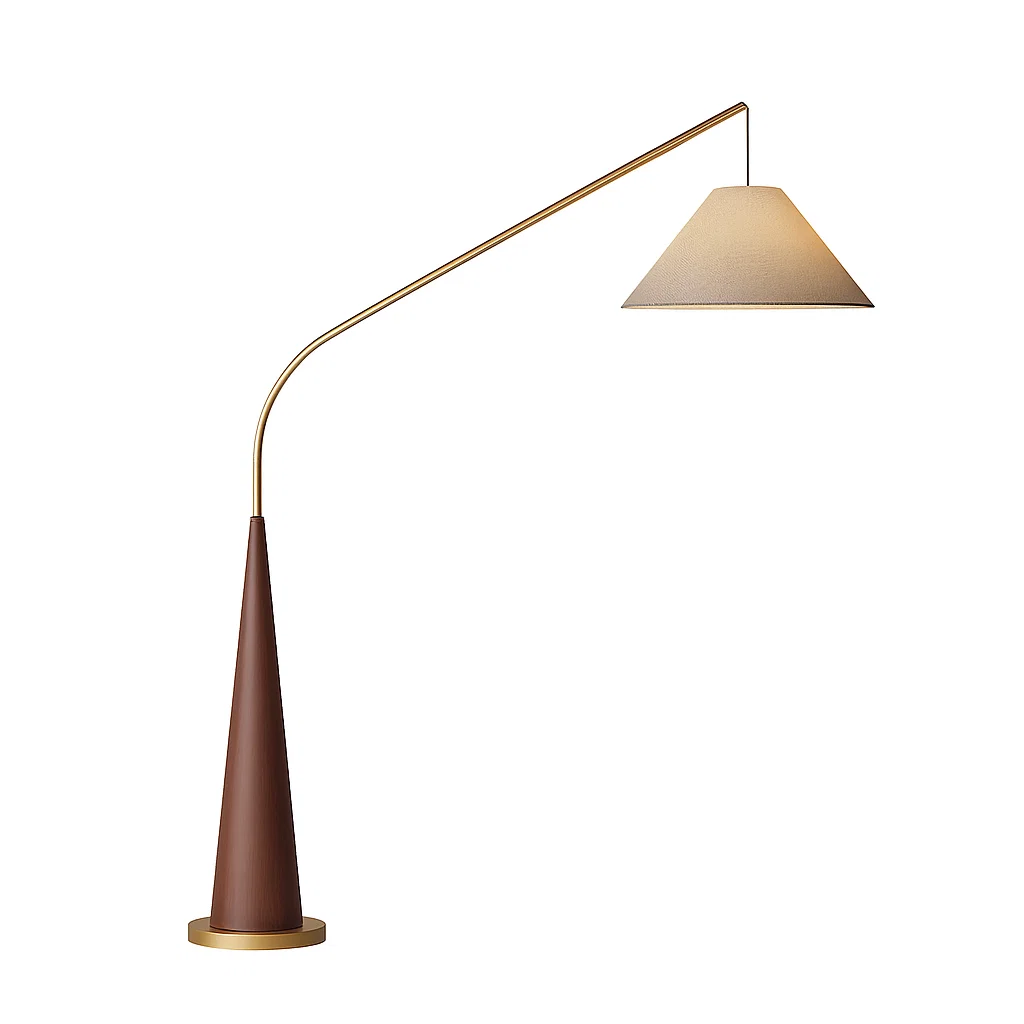 Lampadaire arc design moderne avec abat-jour en tissu et base conique en métal