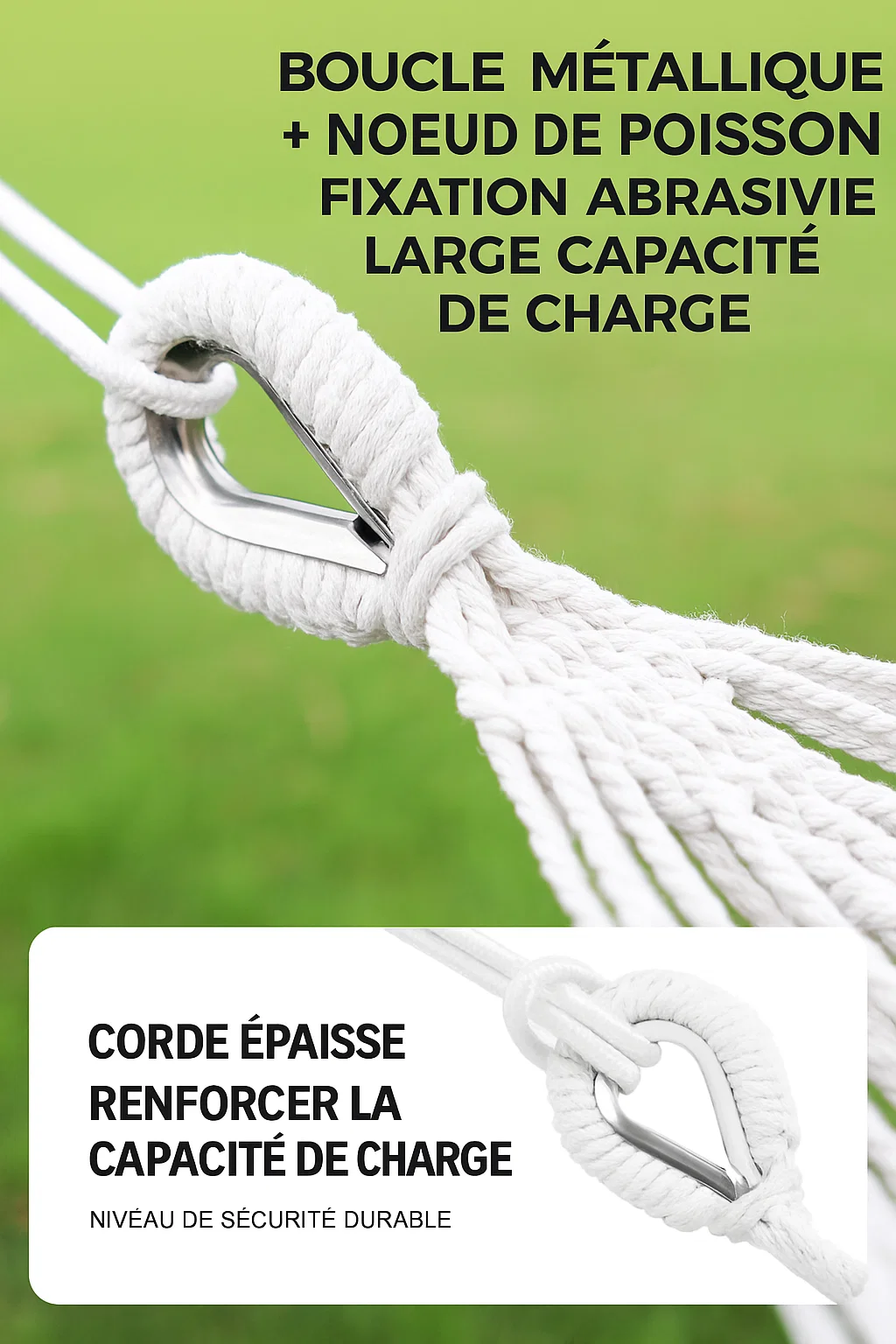 Hamac de camping double en toile respirante avec cordes renforcées et boucles métalliques