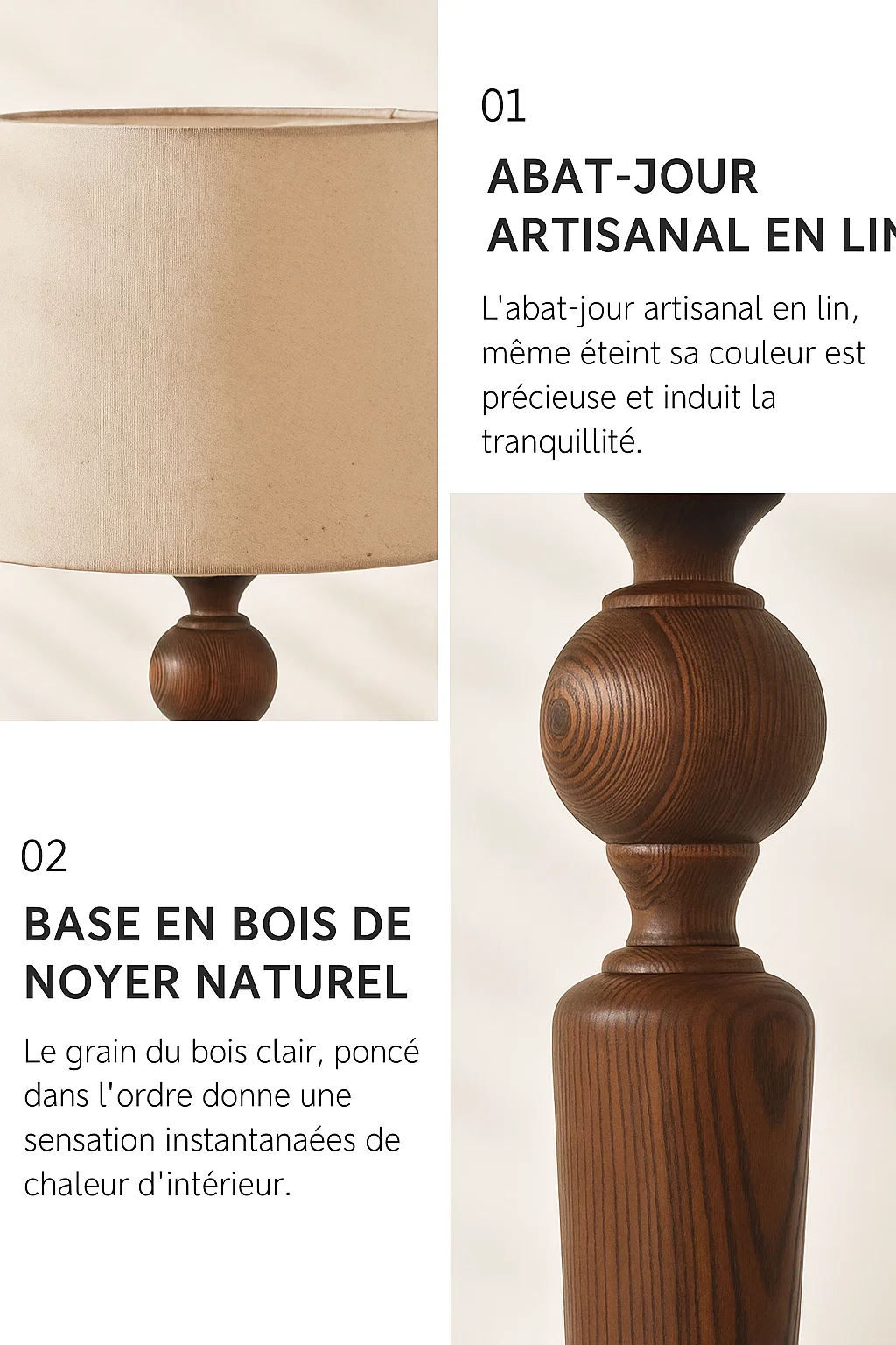 Lampadaire en bois de noyer avec abat-jour en lin artisanal