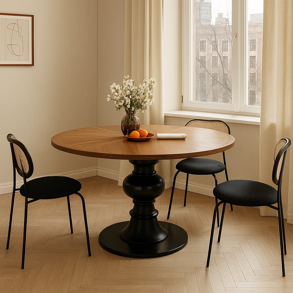 Table à manger ronde en noyer massif – Piétement sculptural design contemporain