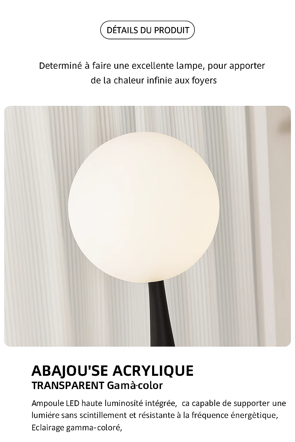 Lampadaire moderne à abat-jour sphérique en acrylique avec base noire mate
