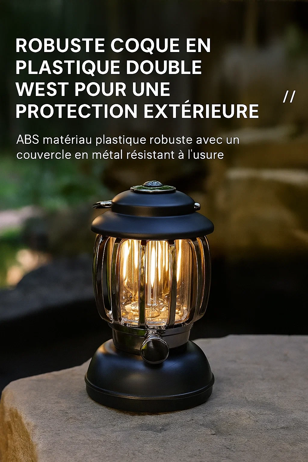 Lampe de camping LED rechargeable – intensité réglable et coque résistante pour extérieur