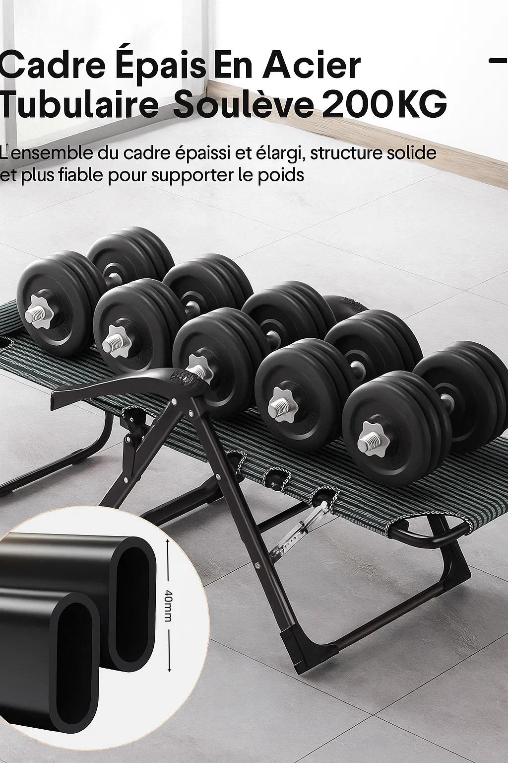 Chaise longue pliante réglable avec dossier inclinable et matelas épais