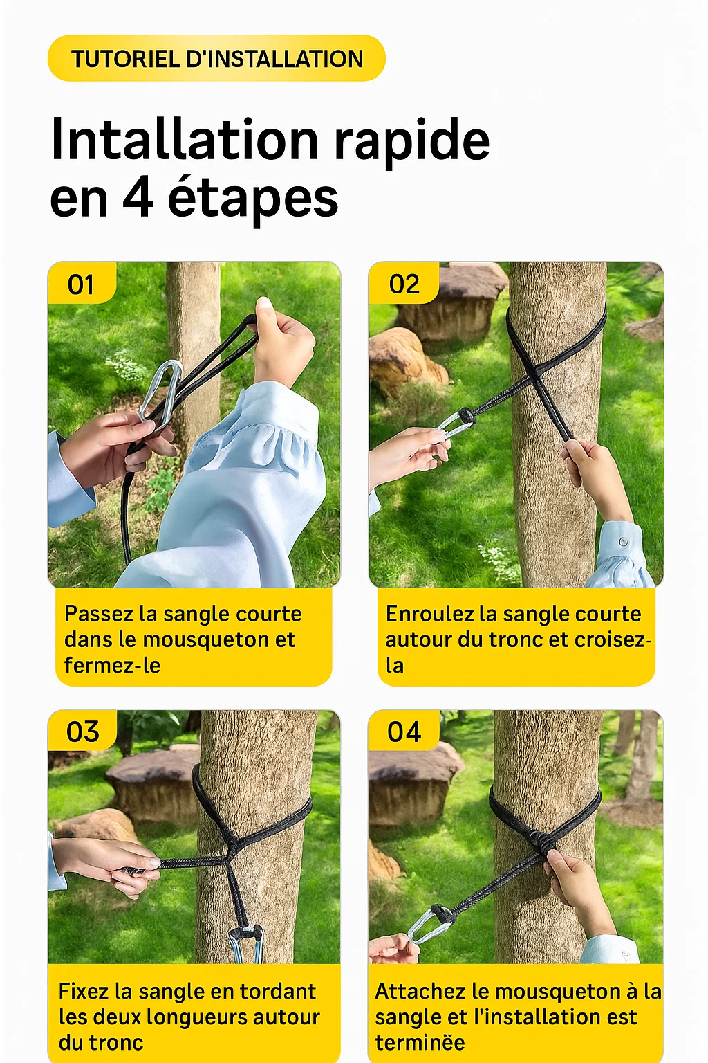 Hamac de camping portable en toile respirante avec sangles et mousquetons