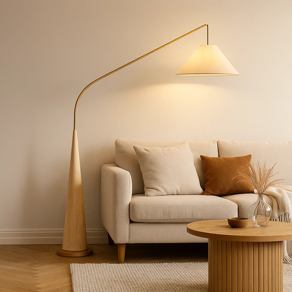 Lampadaire arc design moderne avec abat-jour en tissu et base conique en métal