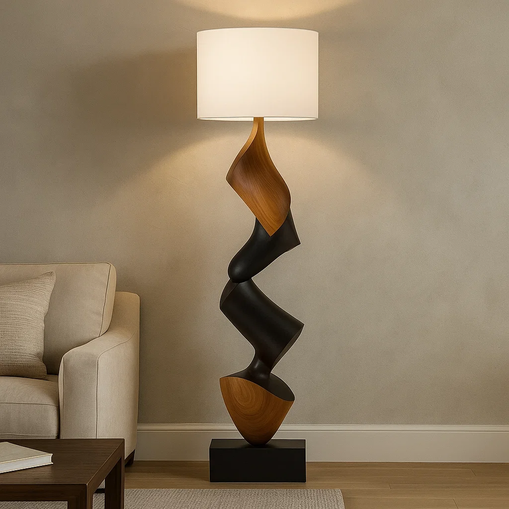 Lampe sur pied en bois sculpté avec abat-jour en lin – Design artistique et moderne