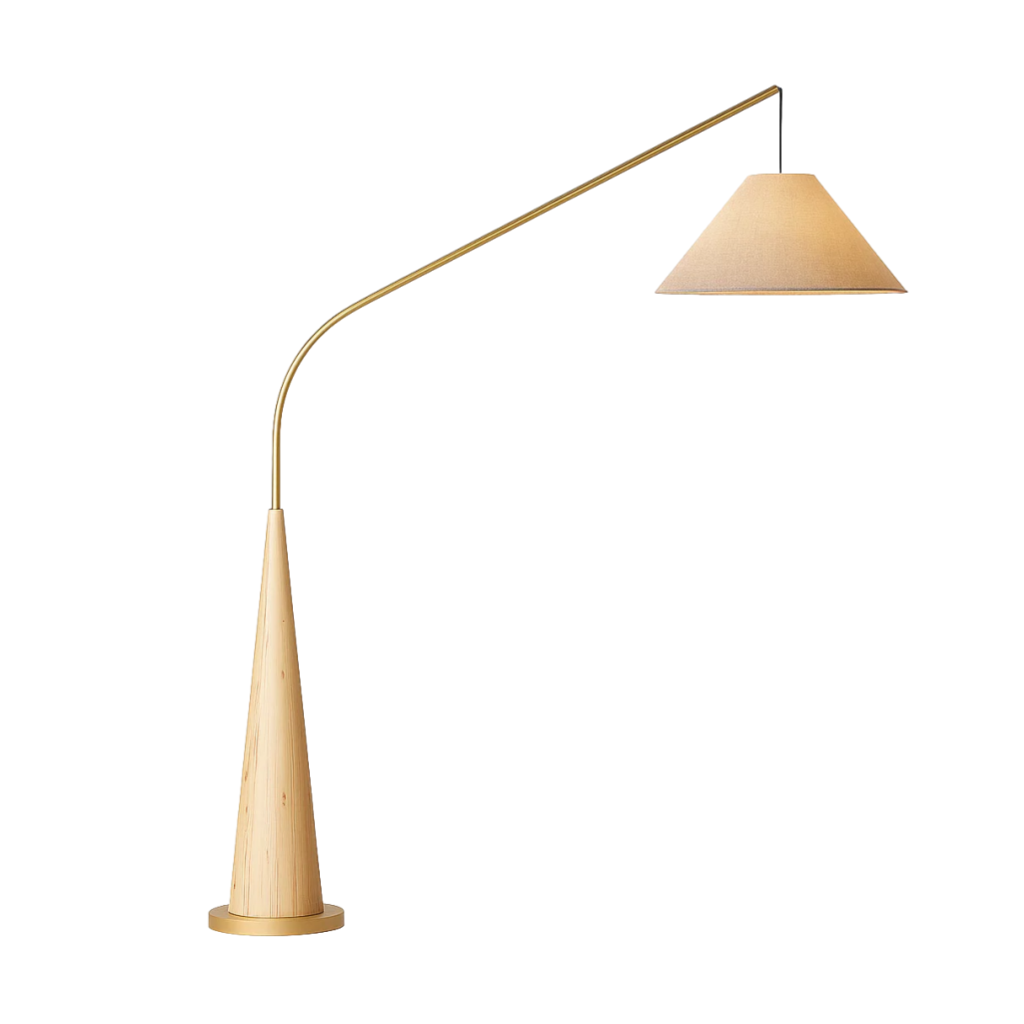 Lampadaire arc design moderne avec abat-jour en tissu et base conique en métal