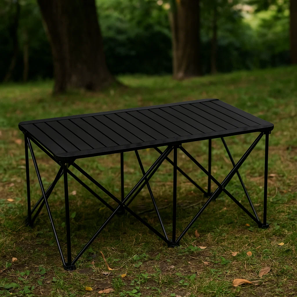 Table pliante de camping en aluminium renforcé – Surface sablée résistante et structure stable à sept croisements