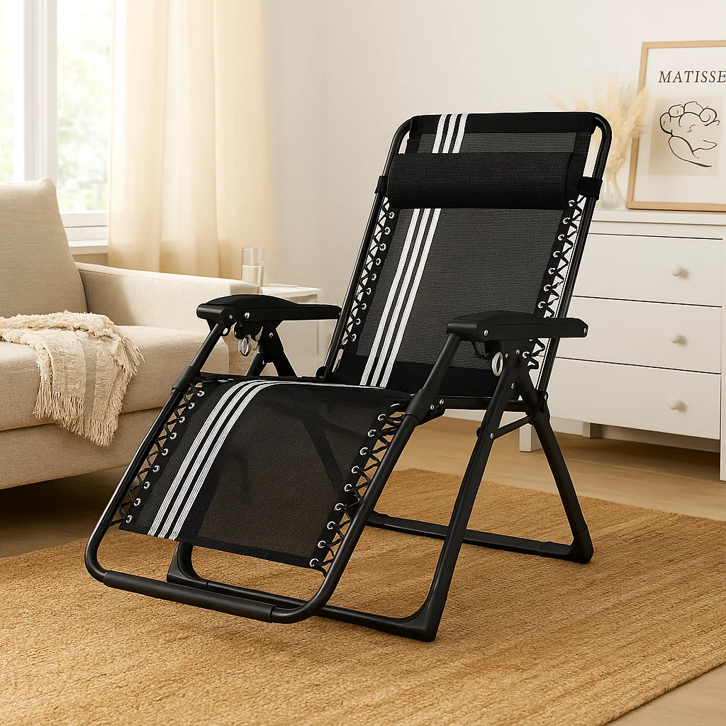 Chaise longue pliante ergonomique inclinable avec dossier réglable et support de tête