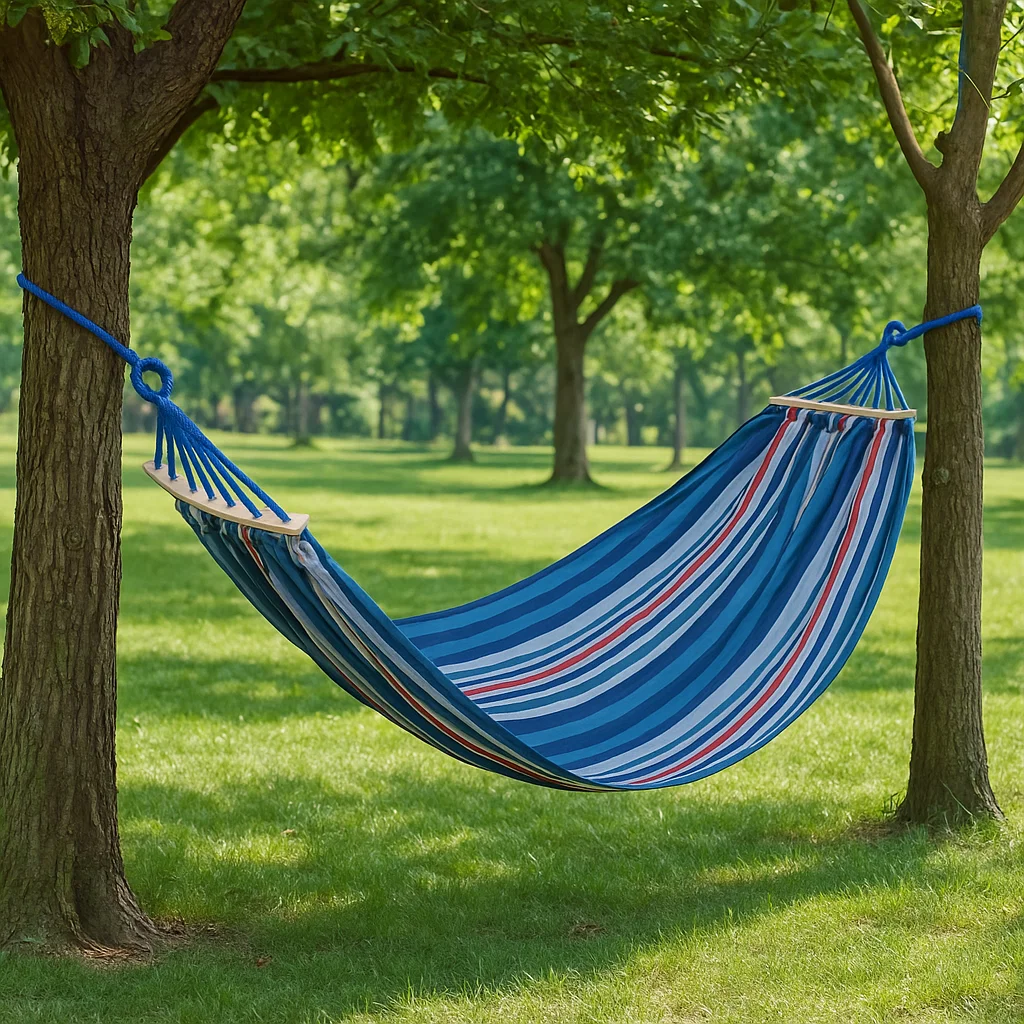 Hamac de camping double en toile respirante avec cordes renforcées et boucles métalliques