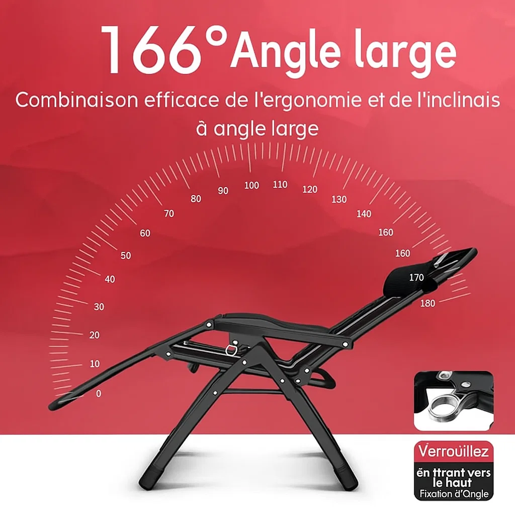 Chaise longue pliante ergonomique inclinable avec dossier réglable et support de tête