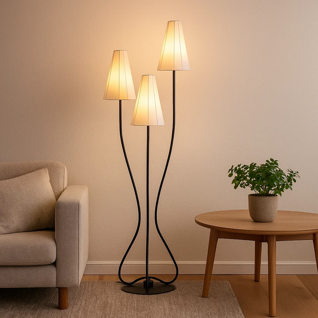 Lampadaire triple tête design moderne en métal et tissu