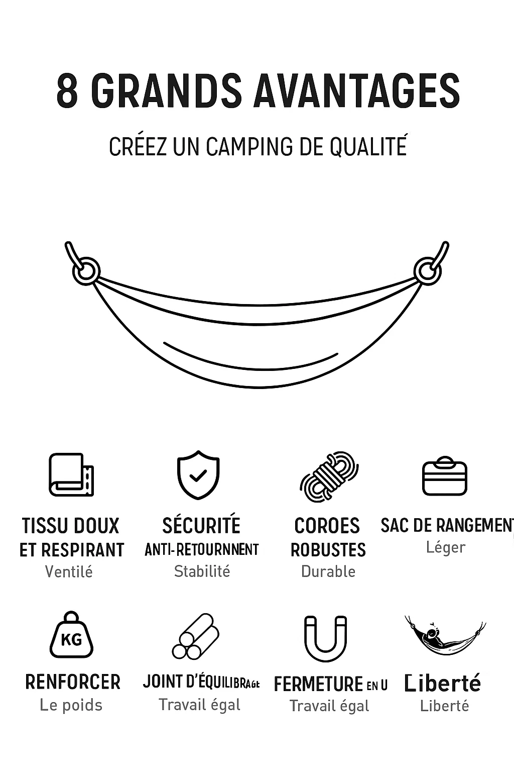 Hamac de camping portable en toile respirante avec sangles et mousquetons