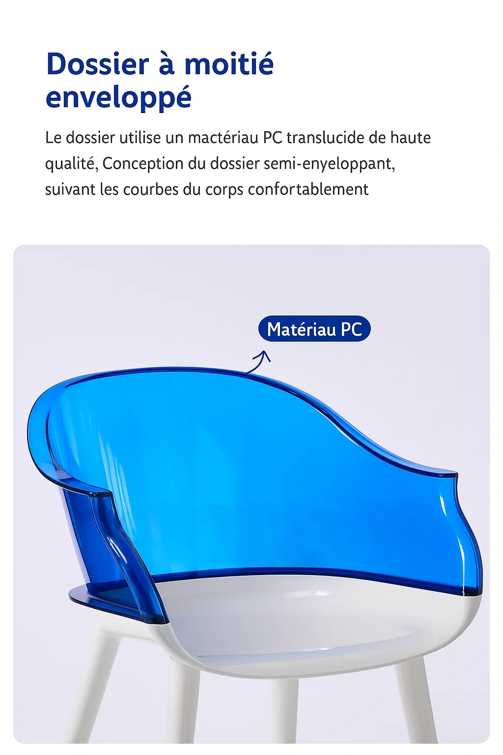 Chaise de salle à manger moderne avec dossier semi-enveloppant en PC transparent et assise ergonomique
