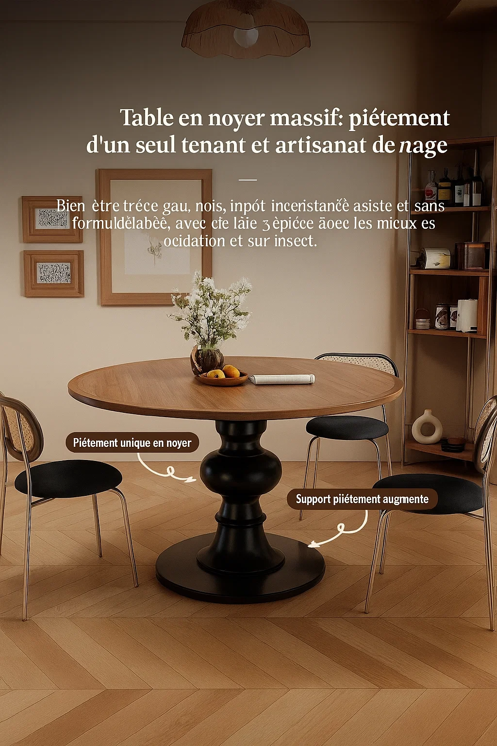 Table à manger ronde en noyer massif – Piétement sculptural design contemporain