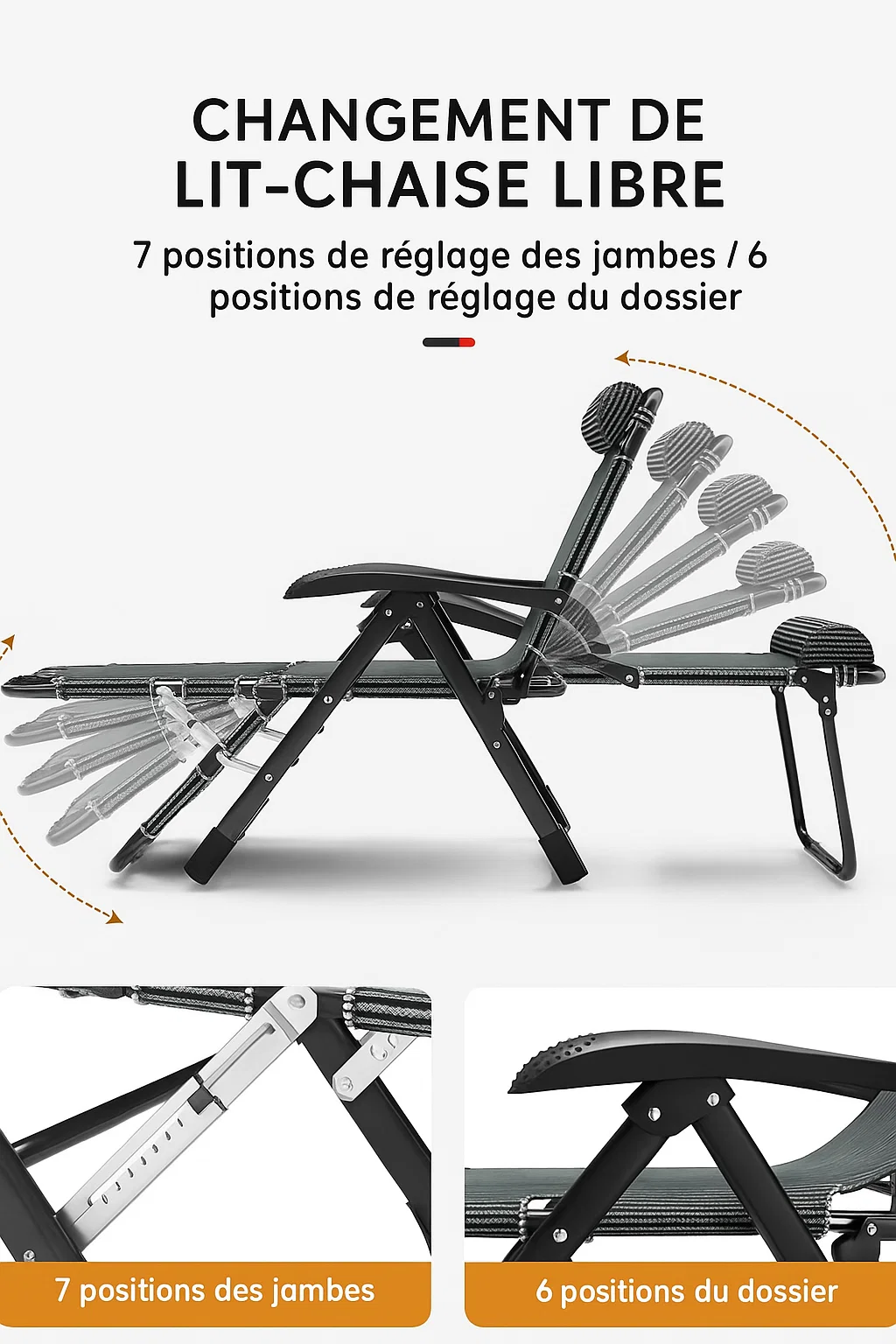 Chaise longue pliante réglable avec dossier inclinable et matelas épais