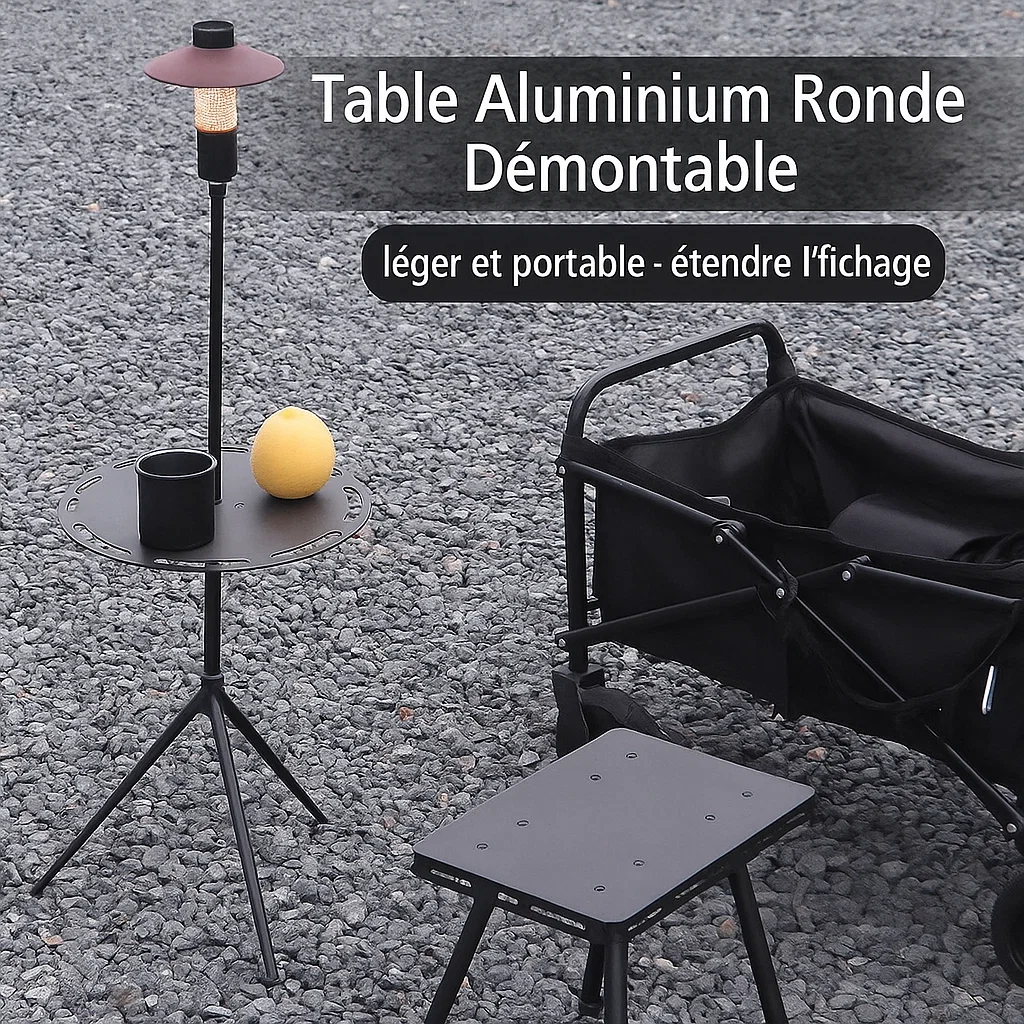Table ronde démontable en aluminium avec support de lampe intégré