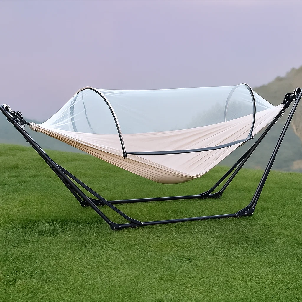 Hamac avec support en acier et moustiquaire intégrée – lit suspendu de camping extérieur