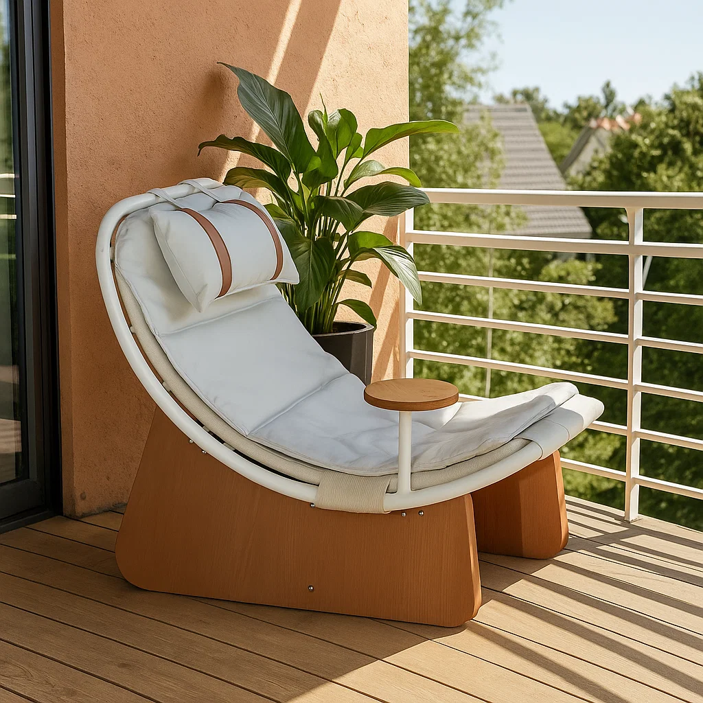 Fauteuil lounge design avec table d’appoint intégrée et coussin repose-tête