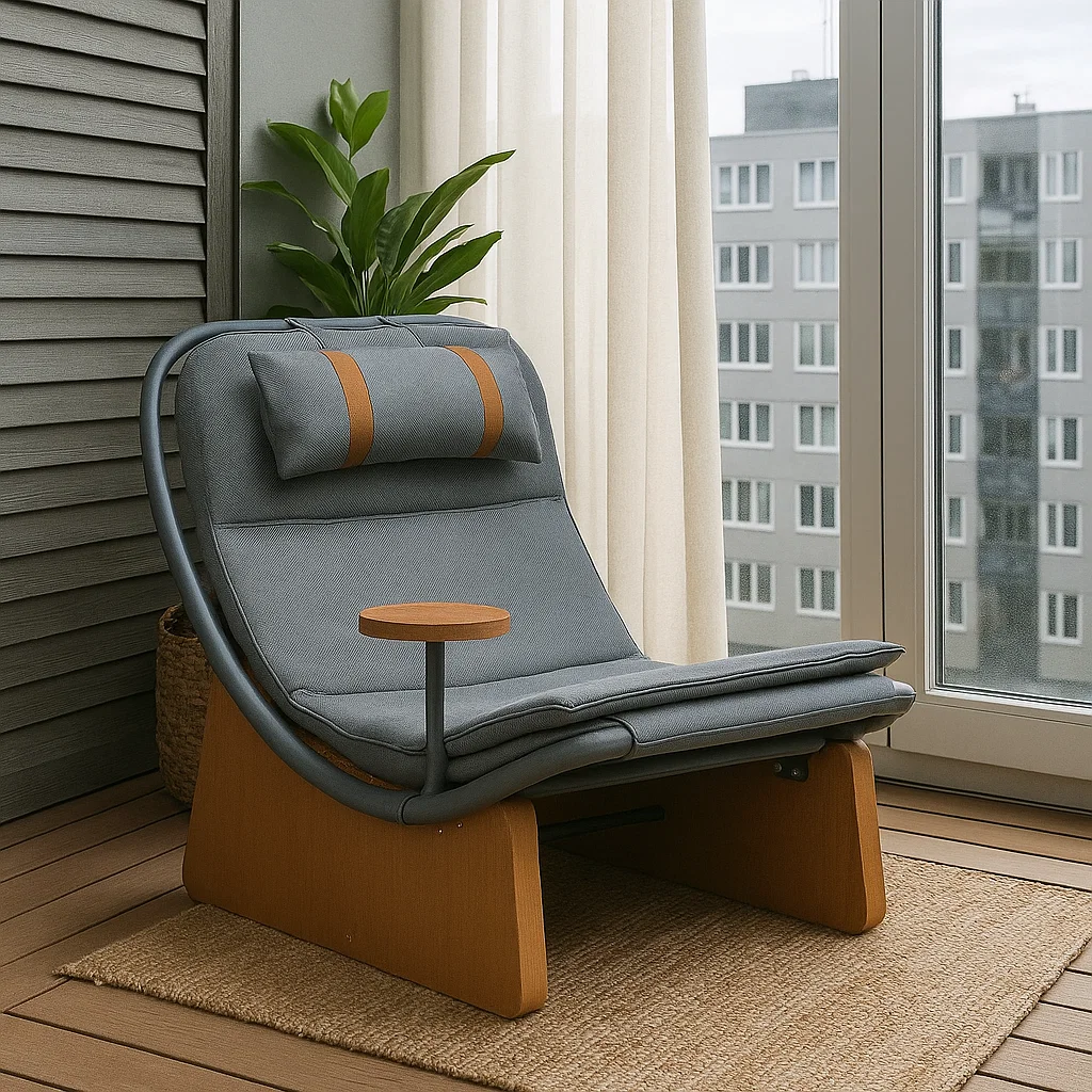 Fauteuil lounge design avec table d’appoint intégrée et coussin repose-tête