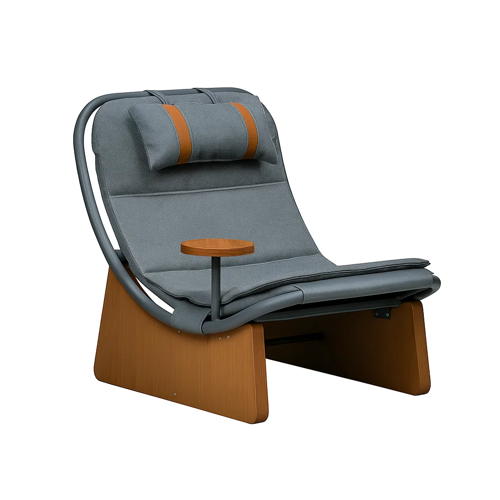Fauteuil lounge design avec table d’appoint intégrée et coussin repose-tête