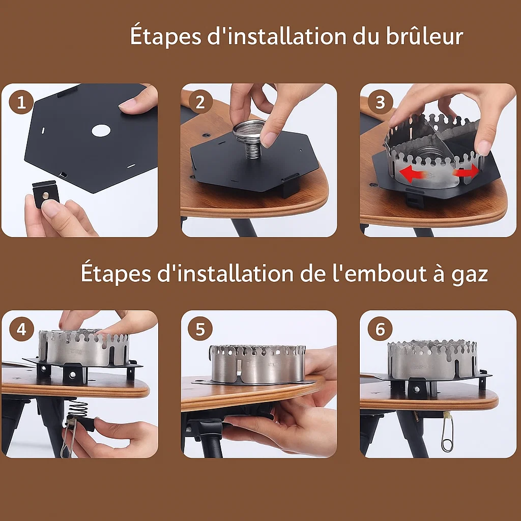 Table de camping multifonction avec support de lampe et brûleur intégré
