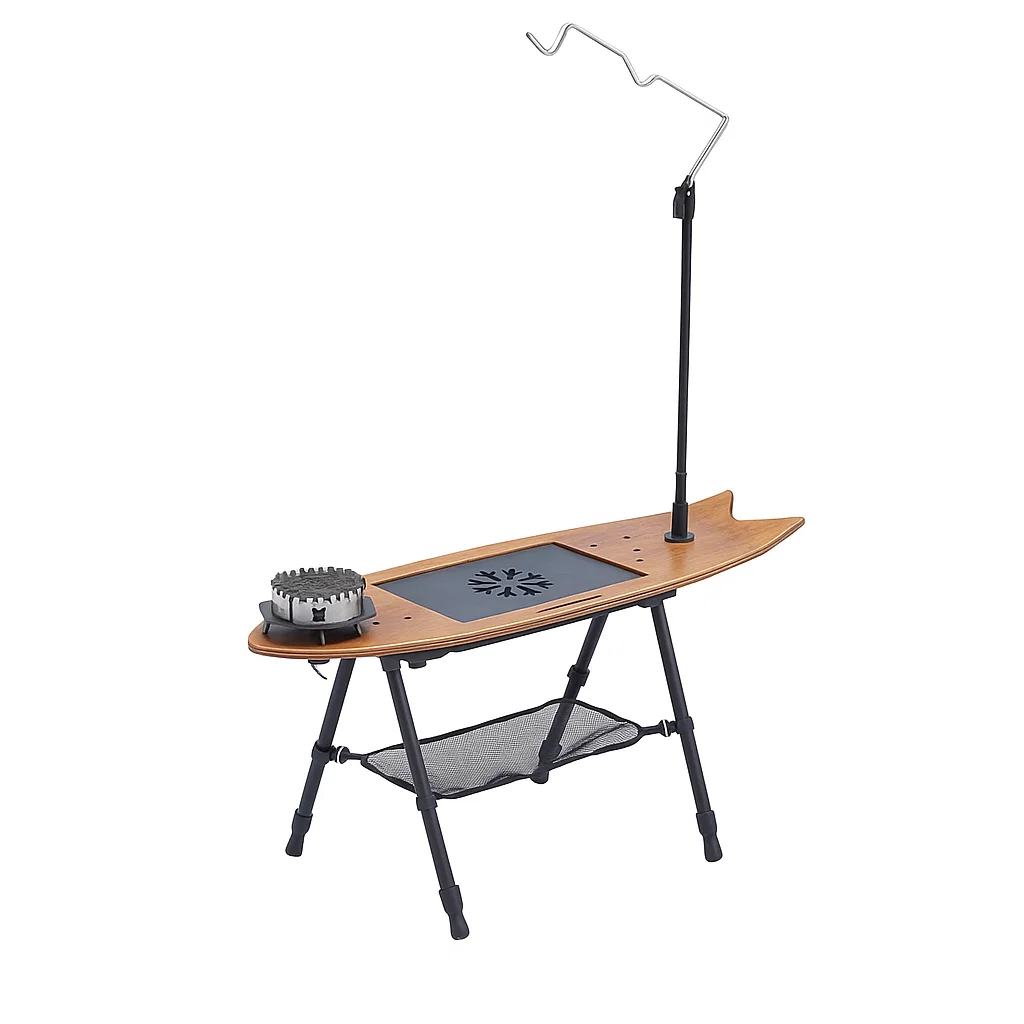 Table de camping multifonction avec support de lampe et brûleur intégré