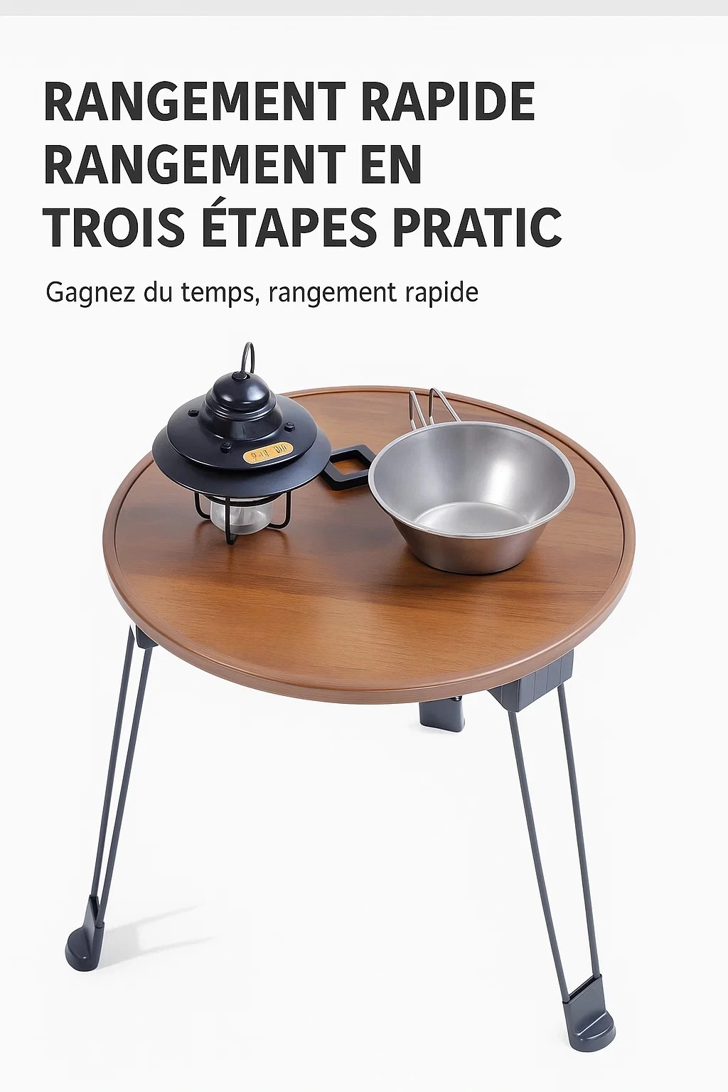 Table pliante ronde en bois avec pieds en acier au carbone