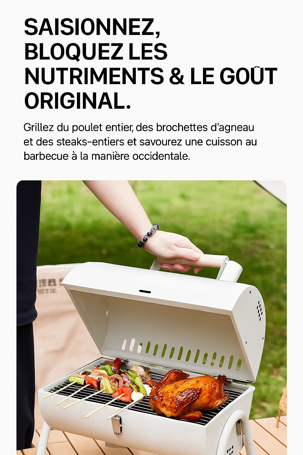 Barbecue portable à charbon double face avec couvercle et poignée