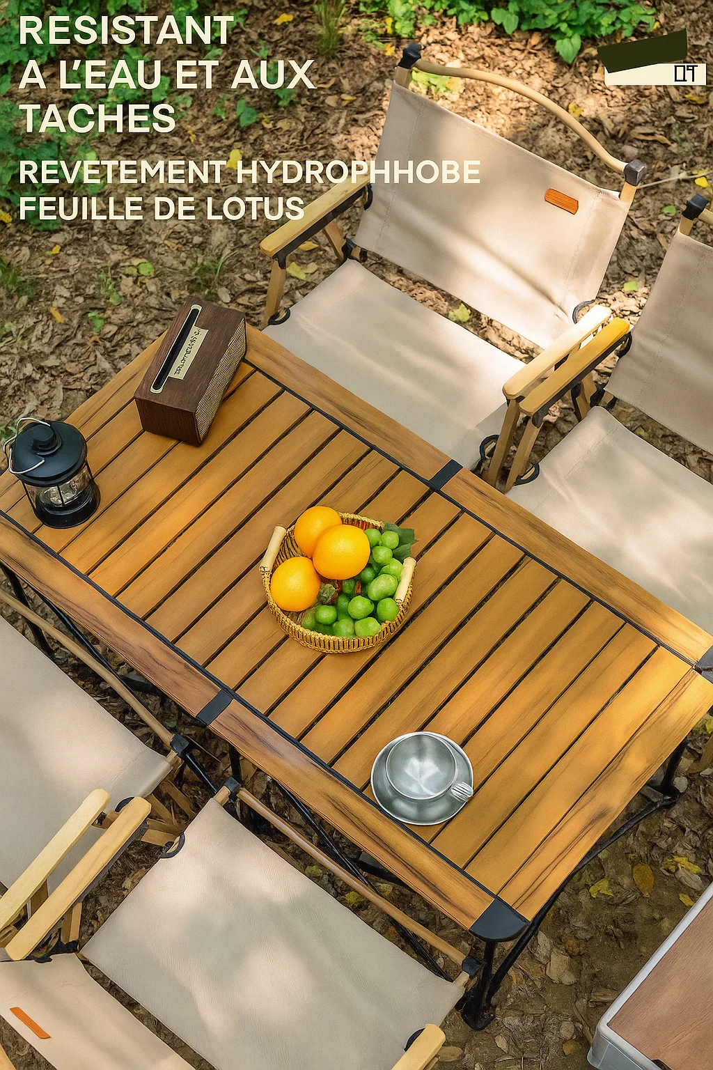Table pliante de camping en aluminium imitation bois – résistante à l’eau et stable