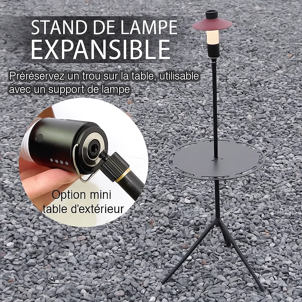 Table ronde démontable en aluminium avec support de lampe intégré