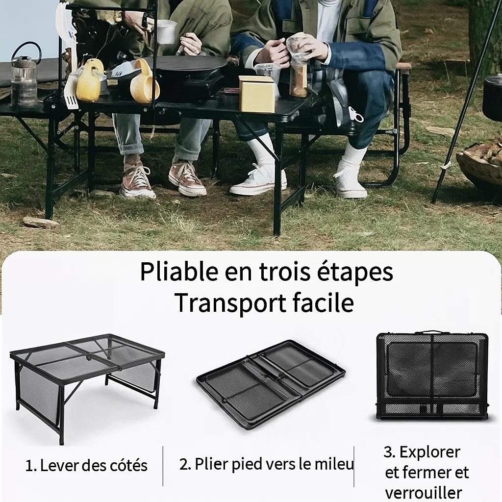 Table pliante en maille métallique – résistante à la chaleur et facile à transporter