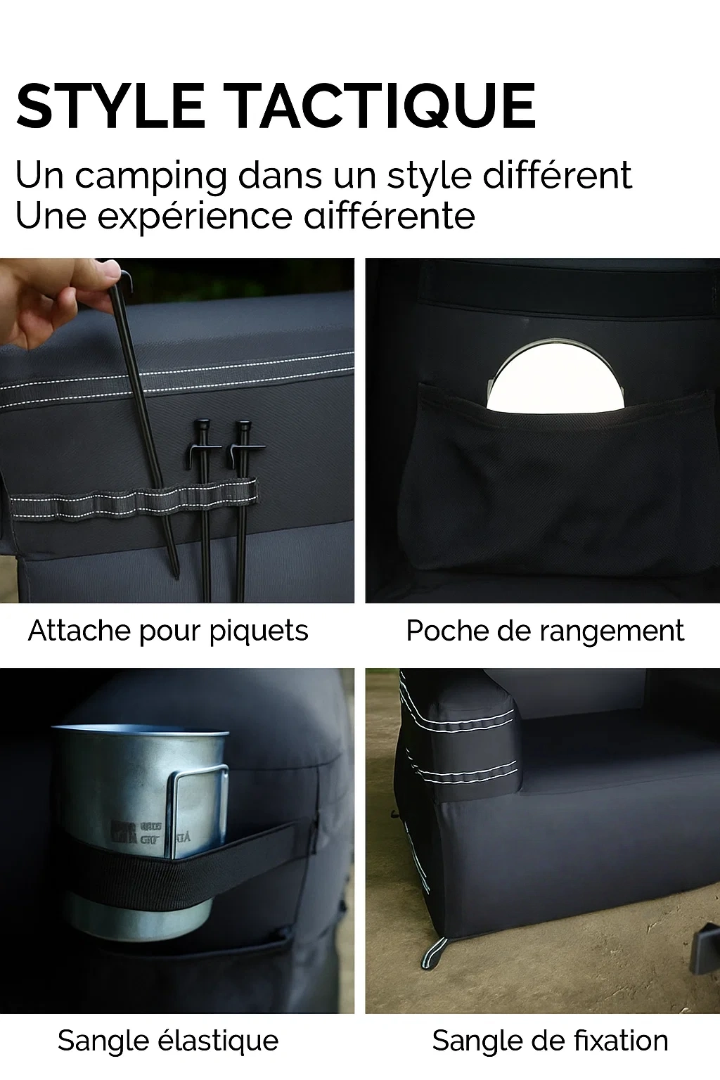 Canapé gonflable d’extérieur en tissu Cordura 1000D avec chambres à air indépendantes et poches latérales