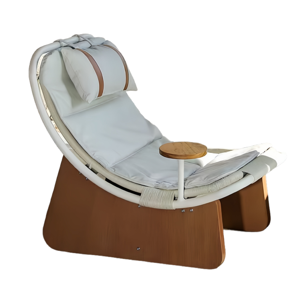 Fauteuil lounge design avec table d’appoint intégrée et coussin repose-tête