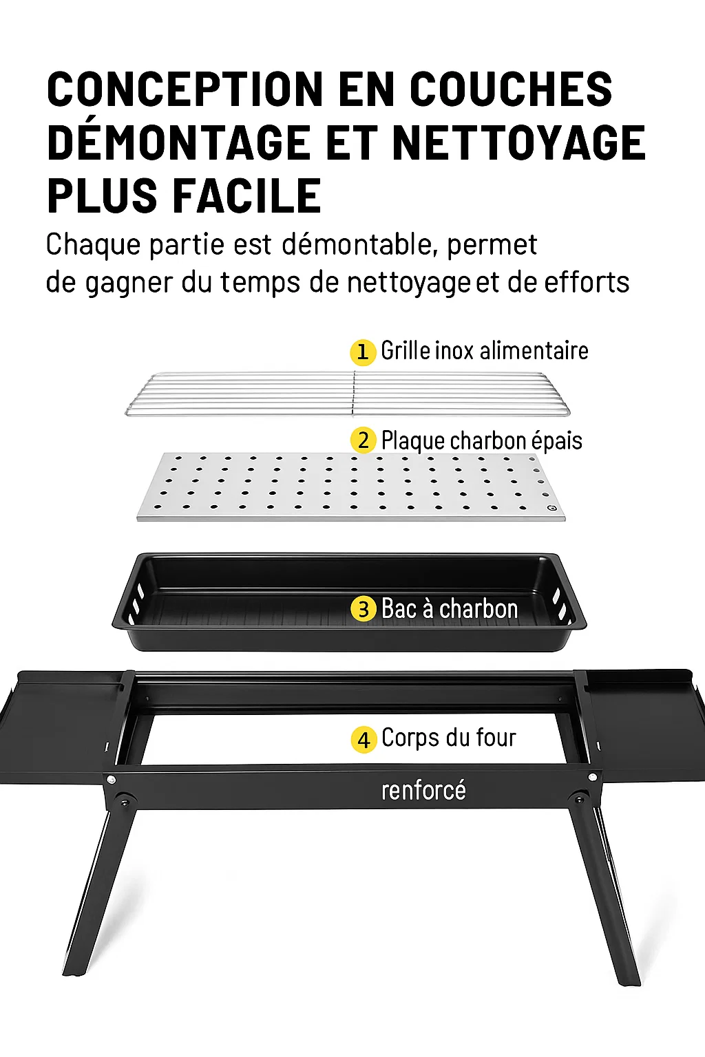 Barbecue à charbon pliable en acier avec plateau coulissant