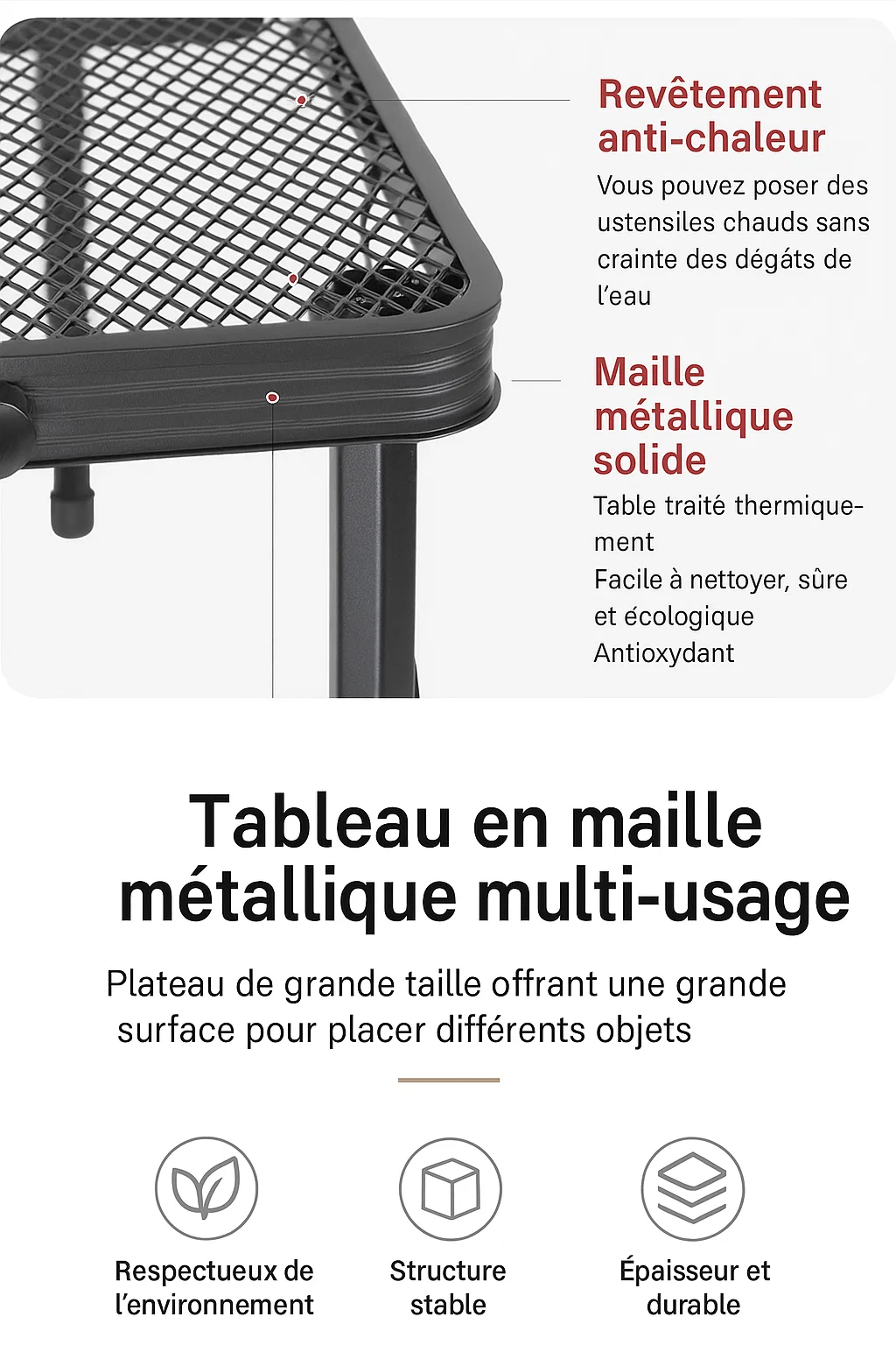 Table pliante en maille métallique – résistante à la chaleur et facile à transporter