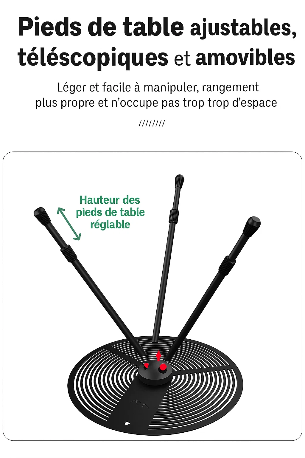 Table de camping ronde en aluminium avec pieds télescopiques réglables