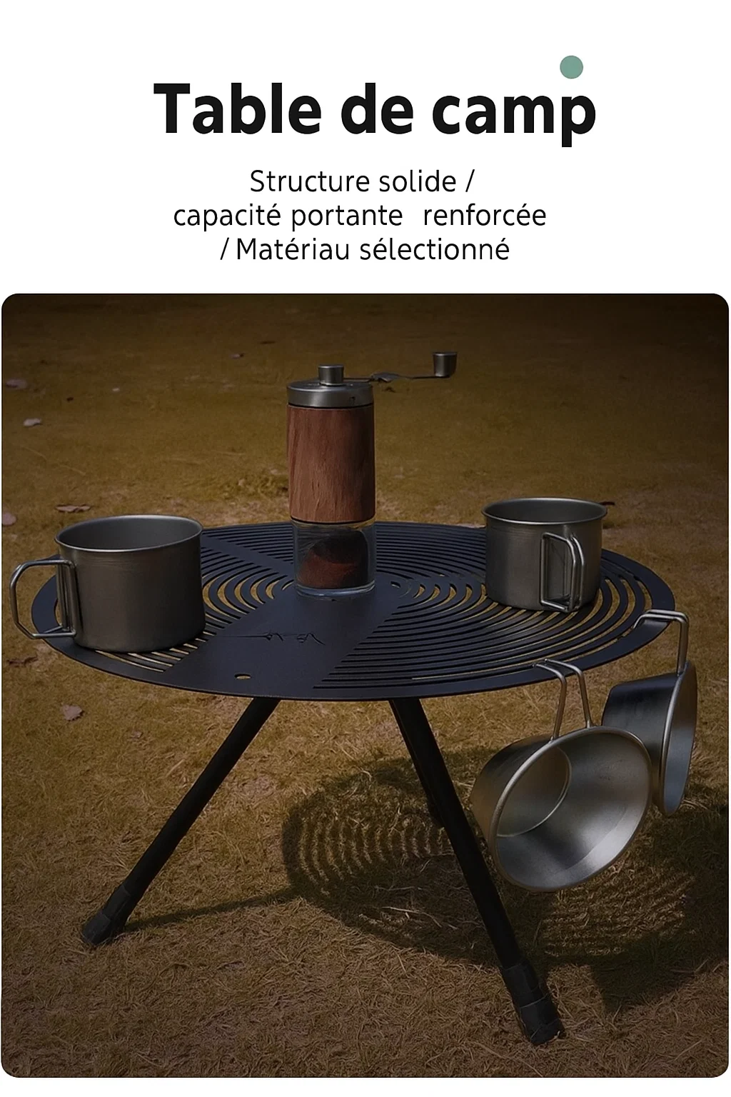 Table de camping ronde en aluminium avec pieds télescopiques réglables