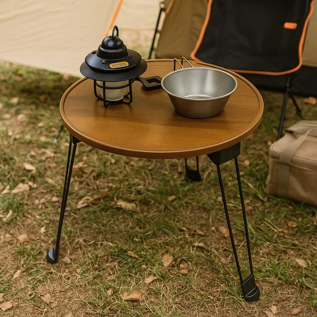 Table pliante ronde en bois avec pieds en acier au carbone