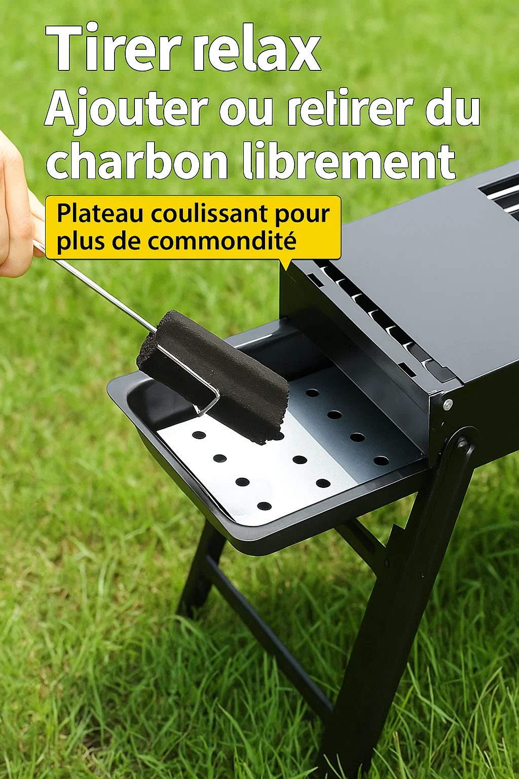 Barbecue à charbon pliable en acier avec plateau coulissant