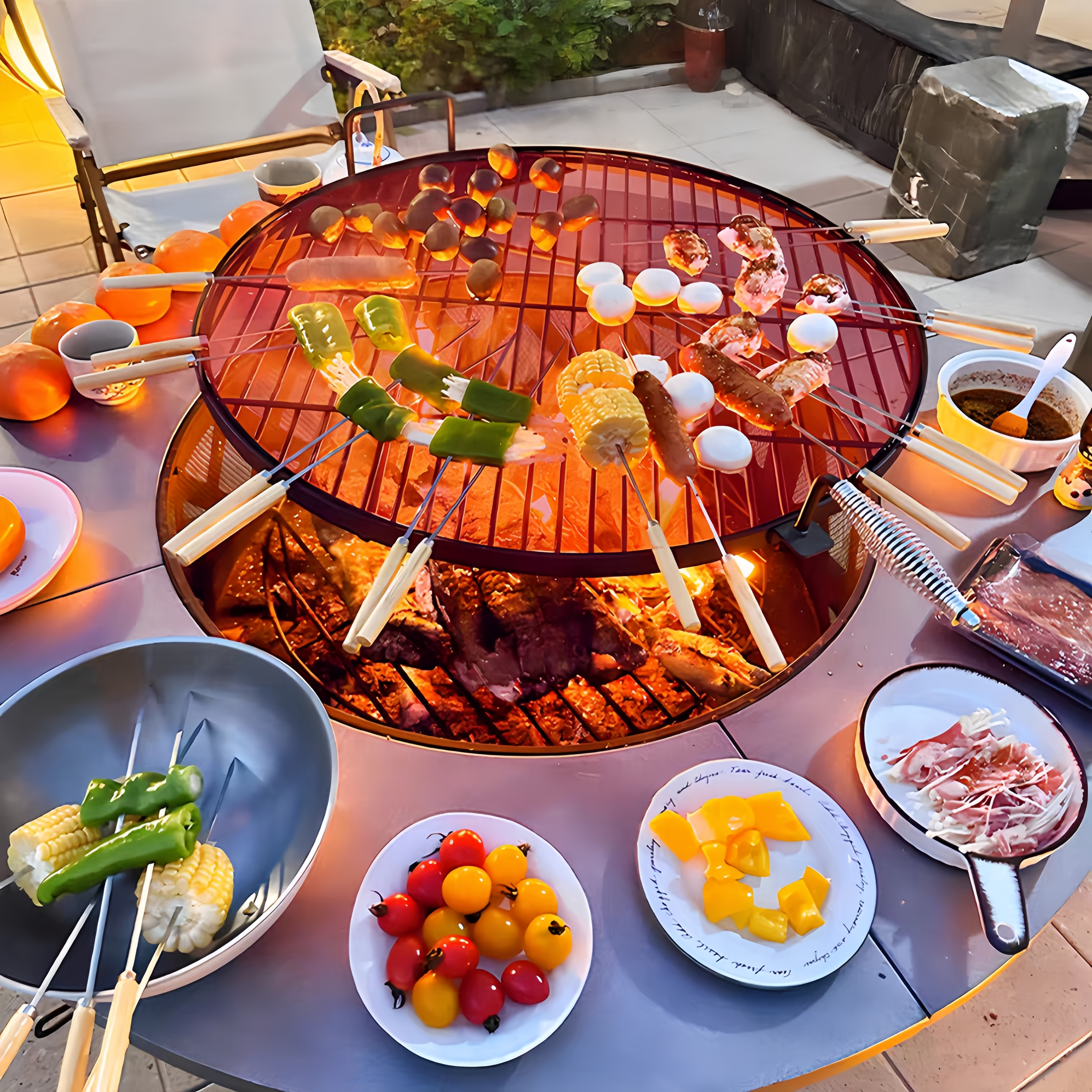 Brasero de jardin multifonction avec grille de barbecue en acier