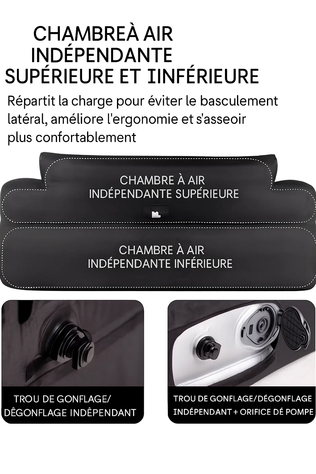 Canapé gonflable d’extérieur en tissu Cordura 1000D avec chambres à air indépendantes et poches latérales